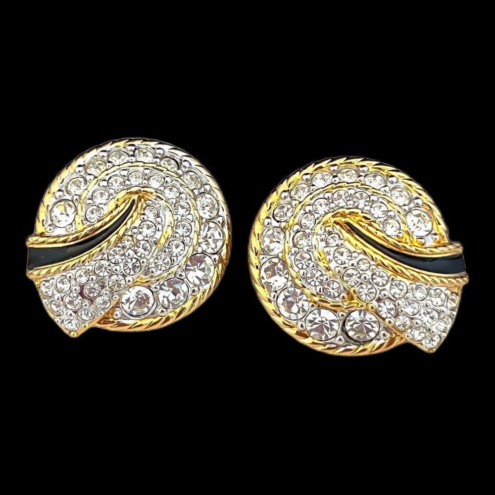 Vintage 1980s Pave Crystal Clip Earrings Black Enamel Gold Tone - 4H